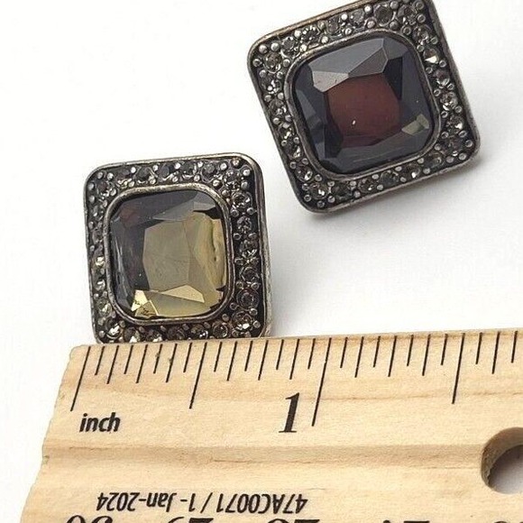 Vintage Golden-Green Stone Framed in Rhinestones Set in Silvertone Post Earrings - Picture 5 of 5